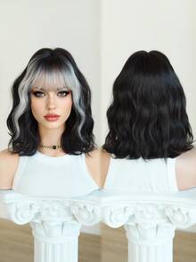 7JHH WIGS 女士短款波浪黑色波波头假发，带灰色刘海，12英寸短波浪卷发假发，自然合成发丝，耐热假发，适合日常角色扮演、音乐节派对等场合佩戴。 - 挑染灰色 - 查看 5