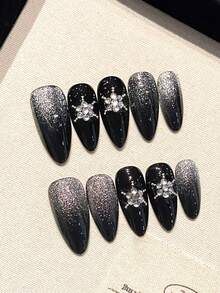 1 Pack/10 Pieces - Cool Starburst Pointed Nail Patch - Black Sparkling Gradient+Metal Adorned Gemstones - Handmade - Black - View 4