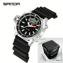 SANDA. SANDA Men's Retro Sports Electronic Watch, Dual Display Dial, Multi-Function Digital Wristwatch, Suitable For Outdoor And Daily Wear - Silver - View 14
