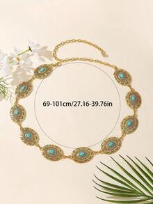 Vintage Carved Floral Retro Pattern Waist Chain, Exaggerated High-End Elegant Waist Belt, Bohemian Zinc Alloy - 金子 - 查看 2