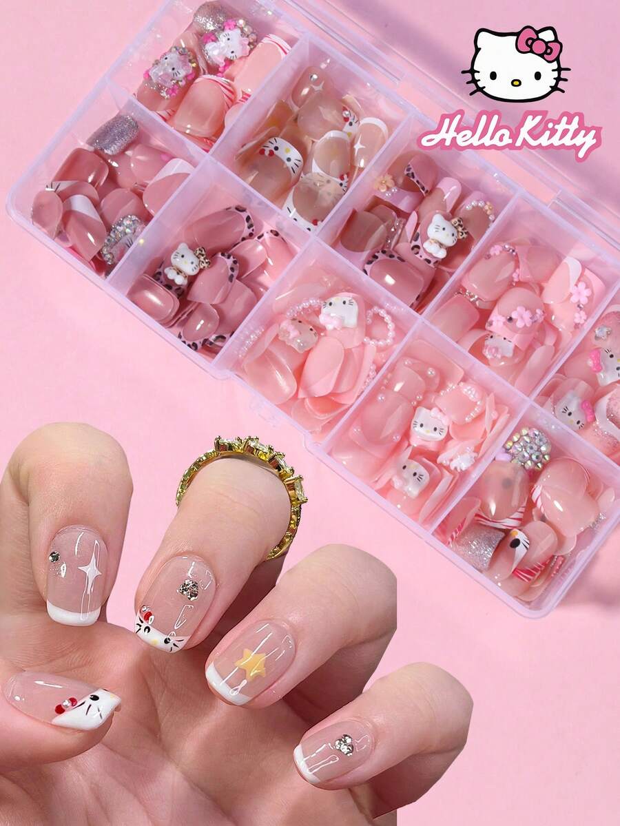 SANRIO 24 pièces Stickers de manucure française carrés avec des designs mignons de fleurs, cœurs, perles, nœuds et strass. Comprend 1 bouteille de vernis gel et 1 lime à ongles. Convient pour une utilisation quotidienne et pour les fêtes pour les femmes - Multicolore - Voir 1