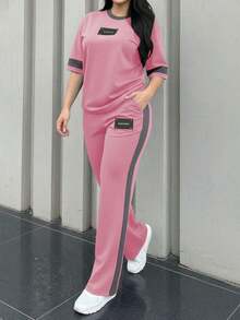 2pcs Women's Spring/Autumn Round Neck Short Sleeve T-Shirt And Elastic Waist Loose Pants Set, Casual Daily Wear Summer - 粉紅色 231 - 查看 12