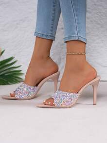 Spring/Summer Women Sequins Decor Mules, PVC Stiletto Heeled Glamorous Sandals - Pink - View 7