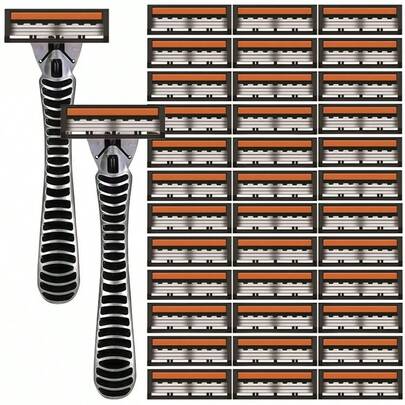 Dao cạo râu thủ công 3 lớp bằng thép không gỉ không gây dị ứng, thiết kế có thể rửa được - Tay cầm màu đen & lưỡi dao màu vàng, lý tưởng để tỉa râu và ria mép, bền và cầm nắm thoải mái.