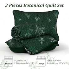 Green Queen Size Quilt Set Branch Bedspread Coverlet Set Olive Green Botanical Floral Pattern Quilted Bedding Set 3 Piece Soft Lightweight Microfiber Bed Cover for All Season 96''x90'' - Verde Oliva - Ver 7