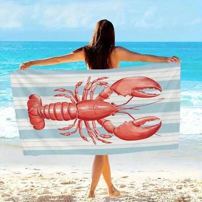 1 chiếc khăn tắm biển hình tôm hùm đỏ cổ điển - Khăn tắm mềm mại bằng sợi microfiber, họa tiết tôm hùm 3D, sọc xanh nhạt và trắng, kiểu retro, cỡ lớn, thích hợp cho bơi lội, du lịch, cắm trại.