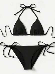 Two-Piece Solid Color Bikini Swimsuit, Suitable For Summer Beach Vacations. - 黑色 - 查看 1