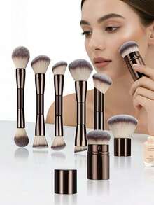 7pcs Multifunctional Double-Ended Makeup Brushes Set, Including Foundation Brush, Powder Brush, Blush Brush, Concealer Brush, Contour Brush, Suitable For Women - Coffee Brown - View 4
