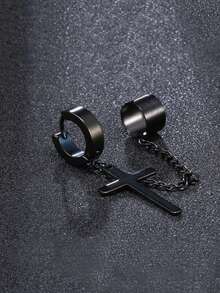 1pc No Piercing Four-Pointed Star Ear Clip Earrings, Unisex Unique Design Ear Cuff Ear Chain, Hip Hop Black Ear Hanging Jewelry - Cross - View 6
