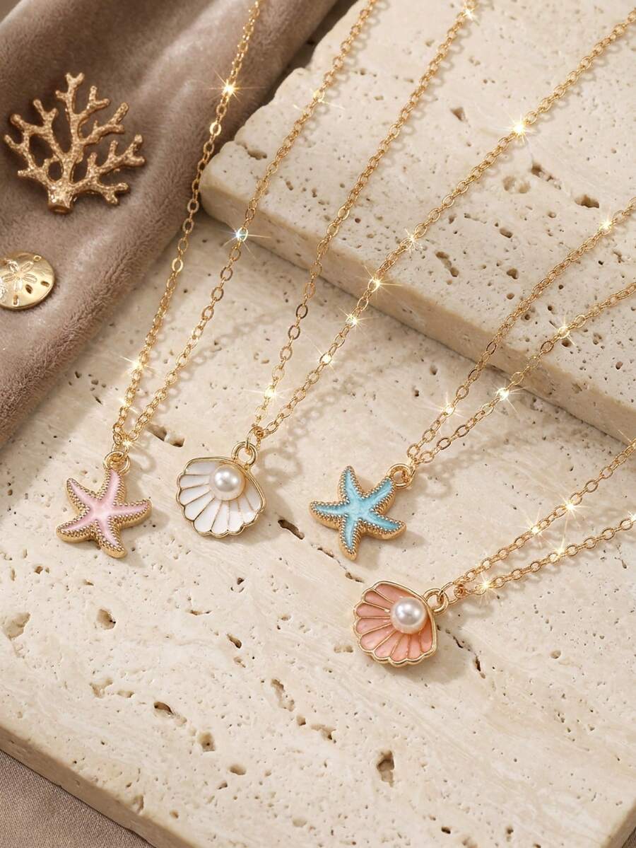 1pc Fashionable Sweet Summer Ocean Beach Shell Pendant Stainless Steel Necklace, Girls Clavicle Chain, Children Summer Beach Holiday Travel Accessory, Versatile Daily Wear - one-size - View 1