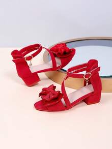 1 par de sandalias de tacón alto de verano para niñas, tacón grueso de punta puntiaguda, decoración de lazo de doble capa con strass, tacones altos de moda con tiras trenzadas rojas, adecuados para fiestas y reuniones - Rojo - Ver 4