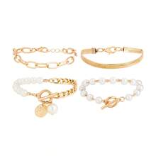Juego de pulseras para mujer, estilo minimalista y elegante para el día a día, con cadena dorada, pulsera de perlas, cadena de serpiente, colgante redondo y cierre de langosta - Pulsera redonda con hebilla Pearl OT - Ver 5