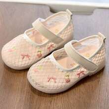1 Pair Infant/Toddler Girls' Flat Non-Slip Pink Casual Mesh Breathable Shoes With Cherry Blossom & Butterfly Embroidery Decor - Beige - View 1
