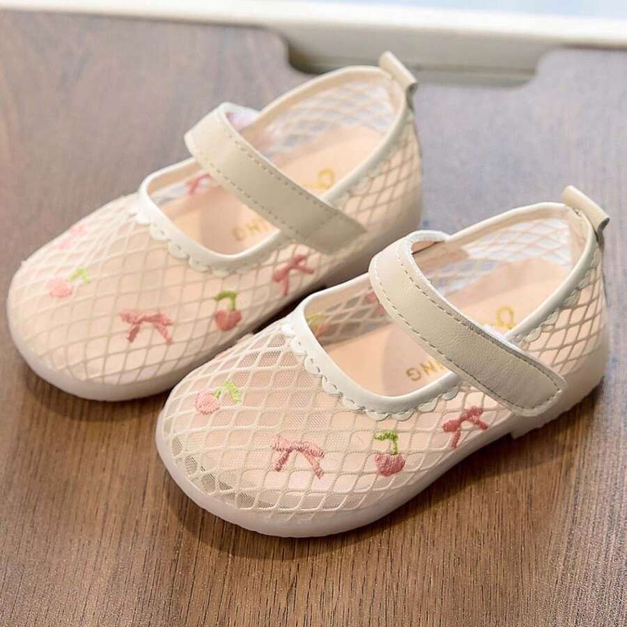 1 Pair Infant/Toddler Girls' Flat Non-Slip Pink Casual Mesh Breathable Shoes With Cherry Blossom & Butterfly Embroidery Decor - Beige - View 1