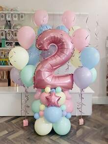 28pcs Pink Number Balloon Set, 32-Inch 0-9 Number Foil Balloons & Macaron Latex Balloons, Suitable For Birthday Party, Anniversary Decoration - Multicolor - View 3