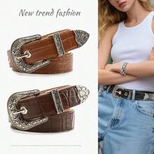 一件式时尚重工雕花合金三件套女士腰带，适合搭配各种牛仔裤，复古风格石纹图案，百搭实用设计，尽显优雅气质 - 彩色 - 查看 5