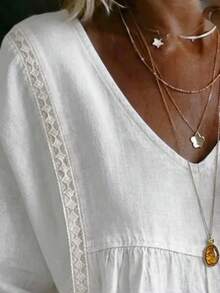 Women's Casual V-Neck Blouse, 3/4 Sleeve, Regular Length, Polyester Fabric, Spring/Summer White - White - View 4
