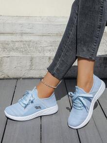 女士透气网面针织夏季运动鞋，轻便软底休闲运动鞋，学生跑步鞋 - 藍色 - 查看 2