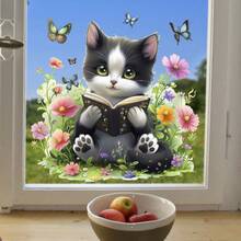 1pc Removable Reading Cat Window Sticker, Cute Cat With Flowers & Butterflies Window Decal For Living Room And Bathroom - one-size - View 3