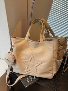 新款时尚休闲帆布材质星形图案多口袋女士手提包带零钱包 - 卡其色 - 查看 7