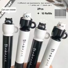 2pcs Random Mule Tea Cup Cat Rotating Neutral Pens, Creative Cute High-Quality Pens For Students, Quick-Drying Black Ink - Multicolor - View 1