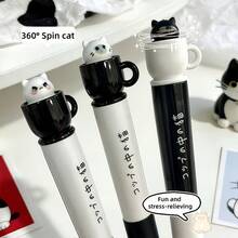 2pcs Random Mule Tea Cup Cat Rotating Neutral Pens, Creative Cute High-Quality Pens For Students, Quick-Drying Black Ink - Multicolor - View 4