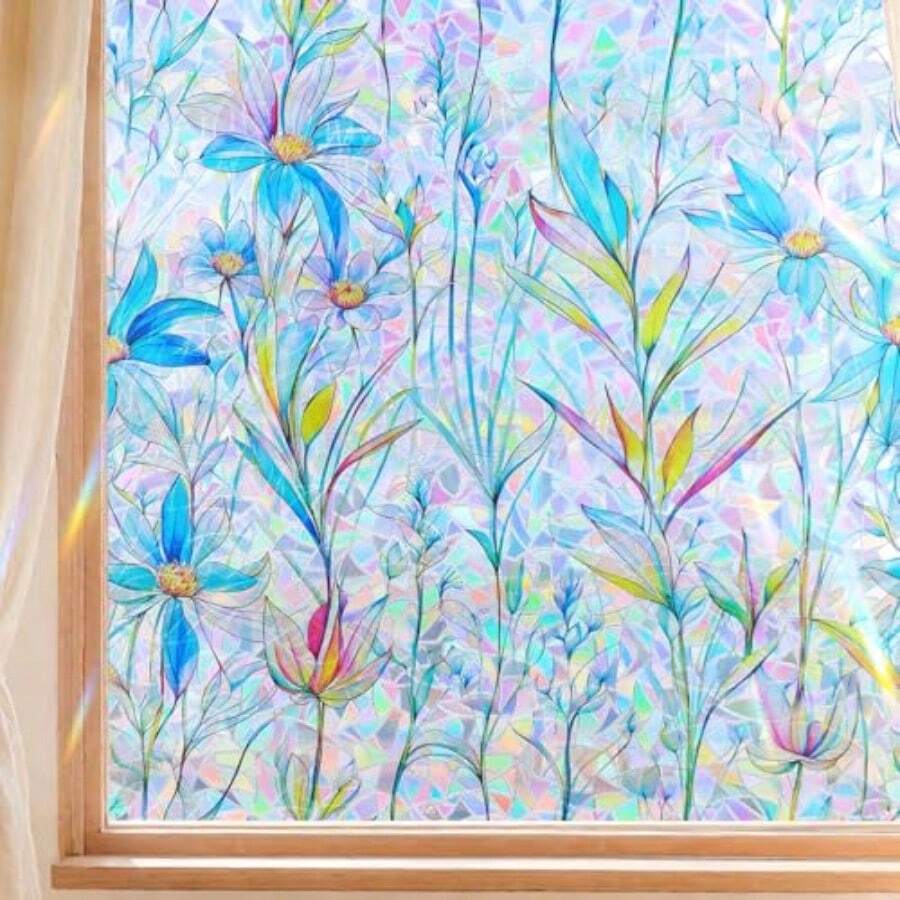 Window Privacy Film Stain Glass Film Flowers Rainbow Window Film Window Clings Non-Adhesive Reusable Decorative For Home Blue Lotus 35.4 Inch X 13.1 Feet - Blue Lotus - View 1
