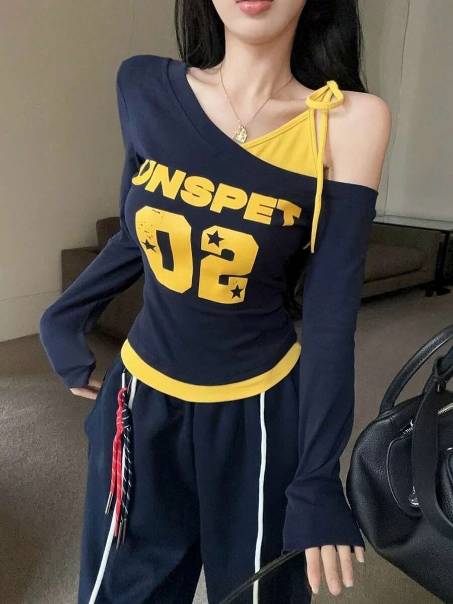 不對稱領拼接撞色長袖T恤,甜美性感女孩印花修身上衣,女款,春/夏 - 藏蓝色 - 查看 1