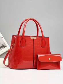 新款时尚女士母女包套装，亮面鳄鱼纹压花皮革大容量手提包 - 紫色 - 查看 10