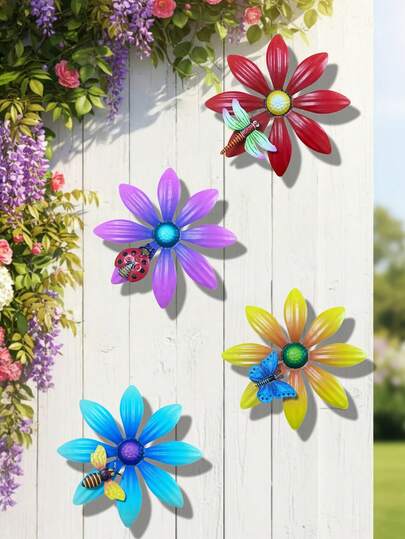 1件/4件装亮丽金属雏菊墙饰，适用于花园、庭院、婚礼、节日——防锈铁质挂饰，饰有蜜蜂、瓢虫、蜻蜓、蝴蝶图案，户外装饰、园艺、母亲节礼物