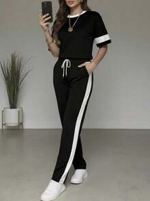 2pcs/Set Women's Casual Matching Contrast Color Round Neck Short Sleeve Top And High Waist Drawstring Straight Leg Pants, Spring/Summer - Black - View 5