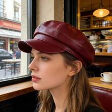 Women's PU Leather Newsboy Cap 8 Panel Paperboy Newsie Cap Bakerboy Beret Cabbie Hat, Fashionable Headwear - 酒紅色 - 查看 1