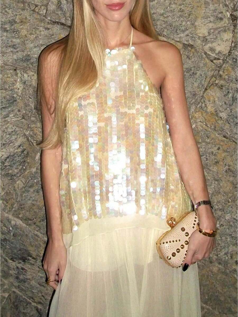 Women's Sequin Halter Tops Sparkly Backless Cute Summer Camisole Top - Champagne - View 1