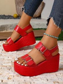 Giày sandal nữ mùa hè màu đỏ tươi có khóa cài, kiểu dáng tối giản, thanh lịch, hở mũi, thích hợp mang hàng ngày, đế dày thoải mái, gót xuồng. - Đỏ - Xem 3