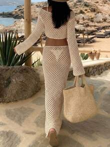 Conjunto de ropa de playa casual para mujer, top calado y falda, primavera - Albaricoque - Ver 7