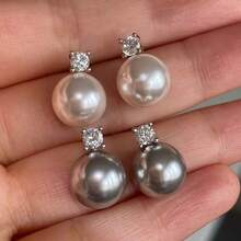 High-Quality Handmade Earrings, Button Pearl Earrings, Cubic Zirconia, Hypoallergenic Pearl Earrings, Bridal Wedding, Women's Birthday Gift - Silver - View 3