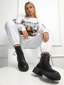 女士时尚踝靴，休闲侧拉链系带工装靴 - 黑色 - 查看 9