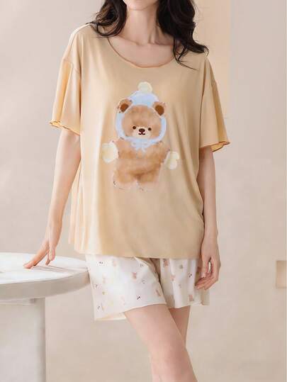 AICJ Bộ đồ ngủ nữ 2 món thoải mái - Áo thun ngắn tay cổ tròn in hình gấu hoạt hình và hoa anh đào thắt nơ cùng quần short, chất liệu vải dệt kim, dáng rộng, thoải mái, phù hợp cho mùa xuân/hè và bà bầu.
