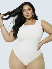 Plus Size Bodysuit Square Neck Tank Top Foreign Fashion - trắng - Xem 5