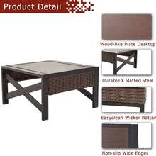 Patio Bistro Side Coffee Table Outdoor Furniture Dining Table With Wooden Grain Tabletop, Woven Wicker Rattan, Metal Frame For Deck Poolside Garden Porch (Brown) - Brown - View 2