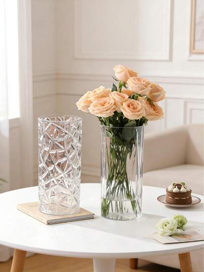 High-End Crystal Vase, Suitable For Living Room And Dining Table Decor, Transparent Glacier Texture Vase With Understated Luxurious Floral Design
