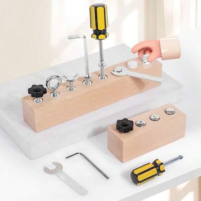 Juego de herramientas de combinación de tuercas y tornillos de madera surtidos, juego de coordinación mano-ojo, juguetes educativos Montessori, juguetes de viaje de madera para bebés y niños pequeños