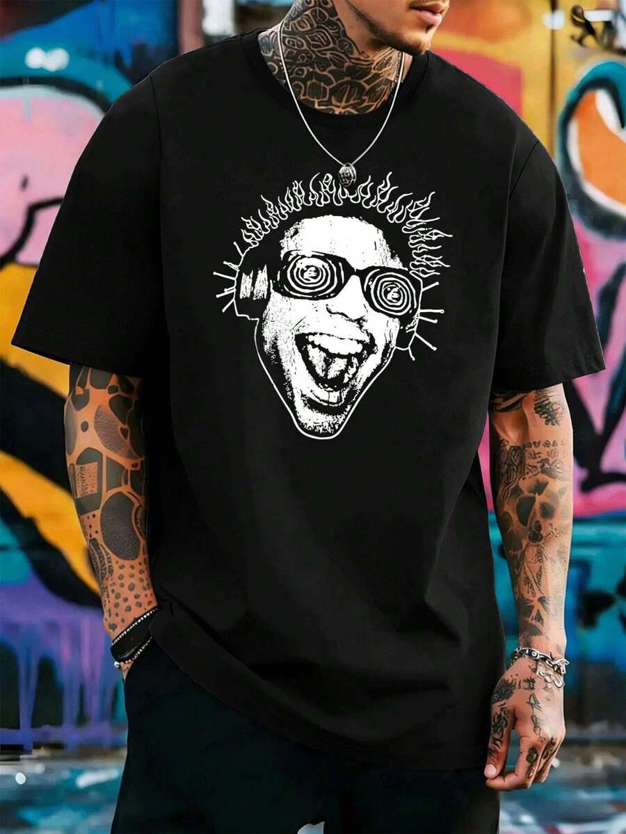 Maglietta nera con teschio grafico vintage, street hip-hop, traspirante, stampa statement - nero - Visualizzare 1