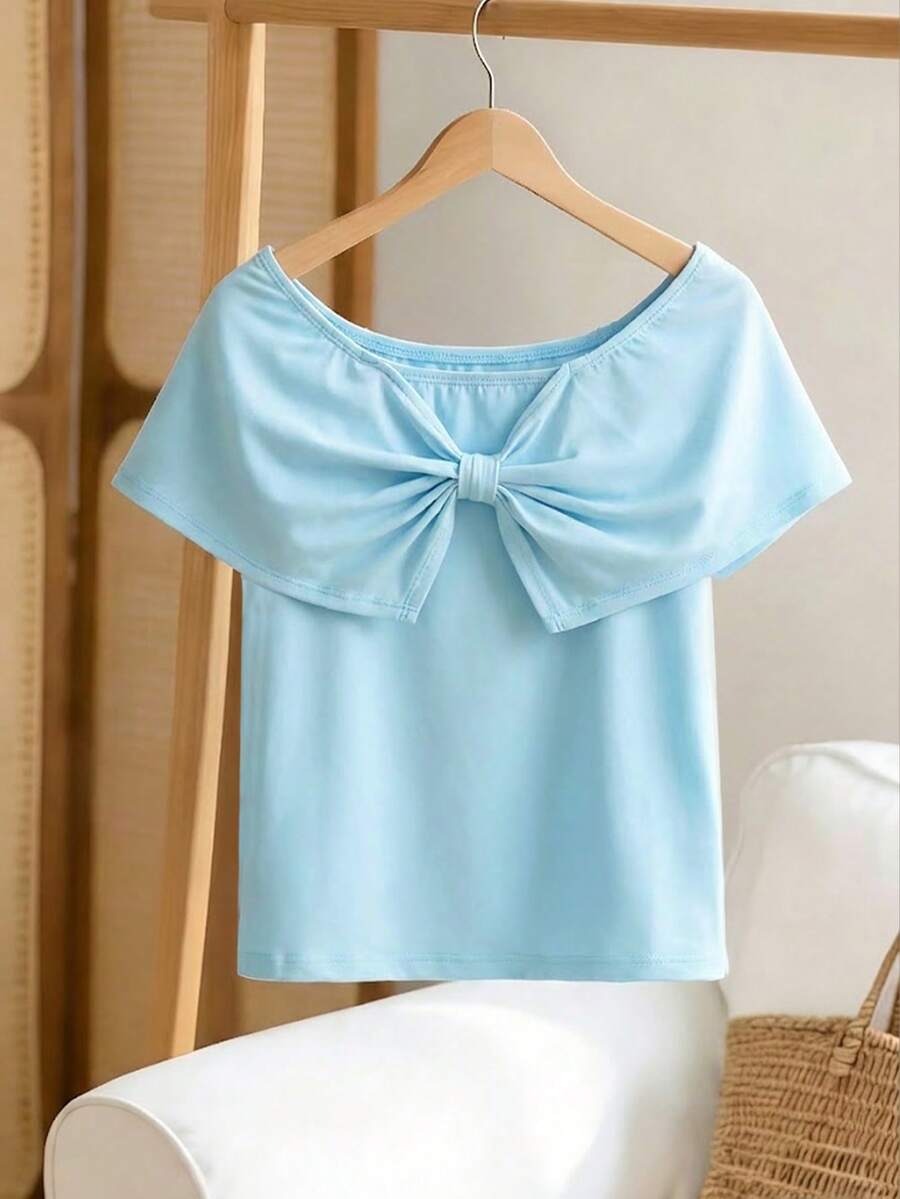Women's Sweet Light Blue Off-Shoulder Top - Bow Decor Ruffle Hem Short Sleeve Fitted Blouse, Suitable For Summer, Valentine's Day, Vacation, Beach, Party, Wedding, Casual Daily, Spring & Summer Holidays, Cute & Elegant Top - Blue - View 1