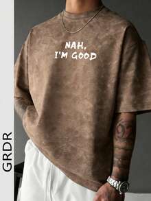 GRDR Men's Summer Letter Print Casual Round Neck Short Sleeve Washed T-Shirt, Comfortable & Fashionable - Brown - View 3