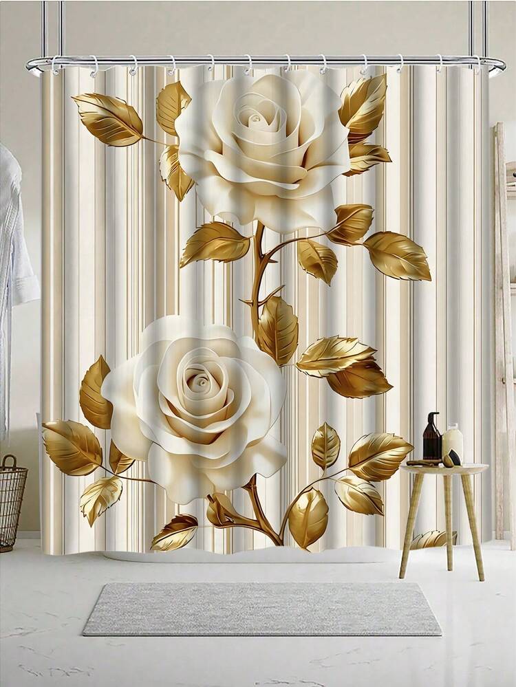 1/4pcs 3D Rose Print Waterproof Shower Curtain With Hooks - Machine Washable Polyester Bathroom Partition - A - View 12