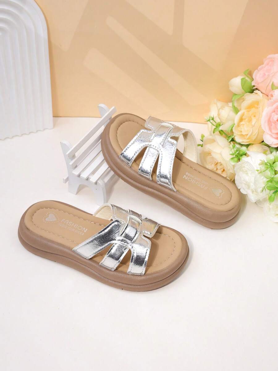 1 Pasang Sandal Selop Bentuk H Unik untuk Anak Perempuan, Sandal Luar Ruangan Serbaguna untuk Musim Panas - Perak - View 1