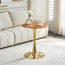 Round Side Table 60cm / Small Dining Table In MDF: Top Made With High Quality Thermoforming Technology, White Grain Appearance, Gold Support Leg – Perfect For European Living Spaces. - Natural Wood - 查看 2