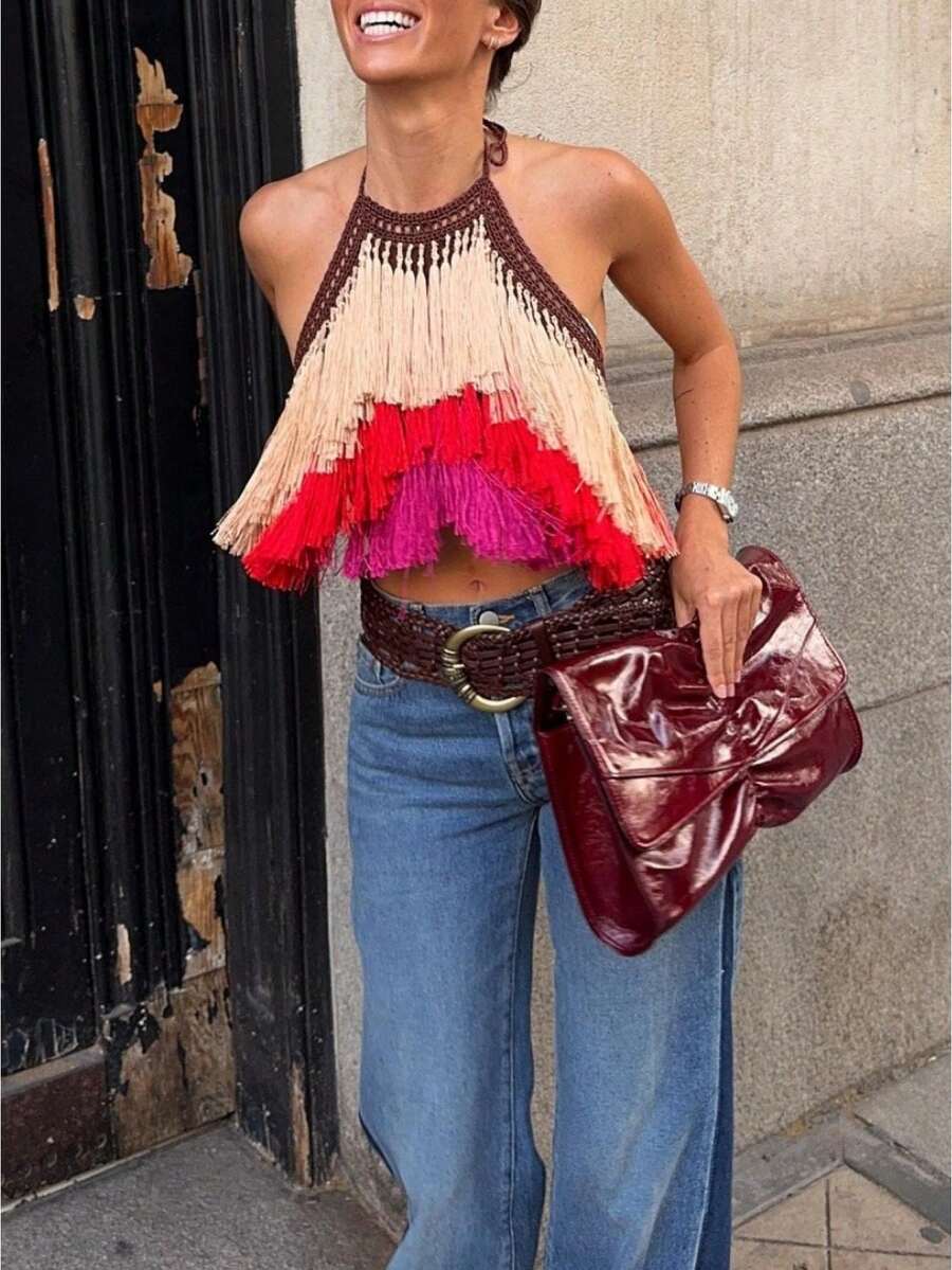 Women's Gradient Fringe Halter Top.Color Block Fringe Halter Tie Cropped Waist Perfect For Music Festivals Vacations - Nhiều màu - Xem 1