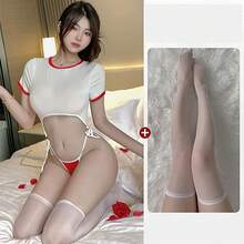 Ladies Sexy V Neck Fun Nightdress Underwear Anime Lingerie Cosplay Bodysuit Tie Top Set - 白色,紅色和長襪 - 查看 1